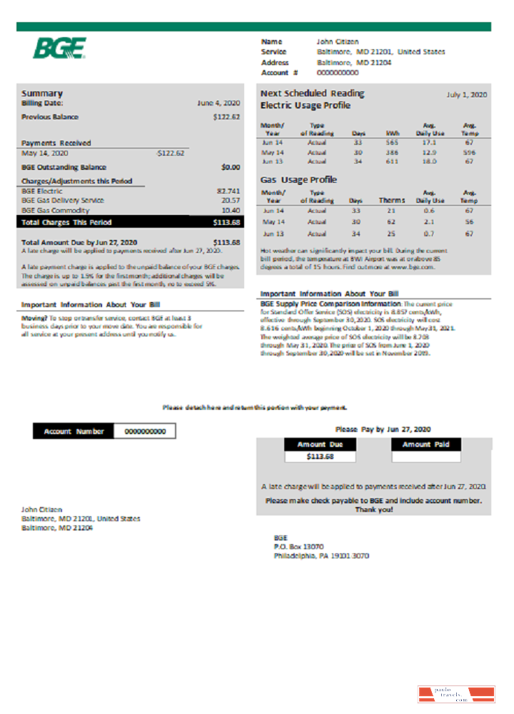 USA BGE gas and electric utility bill